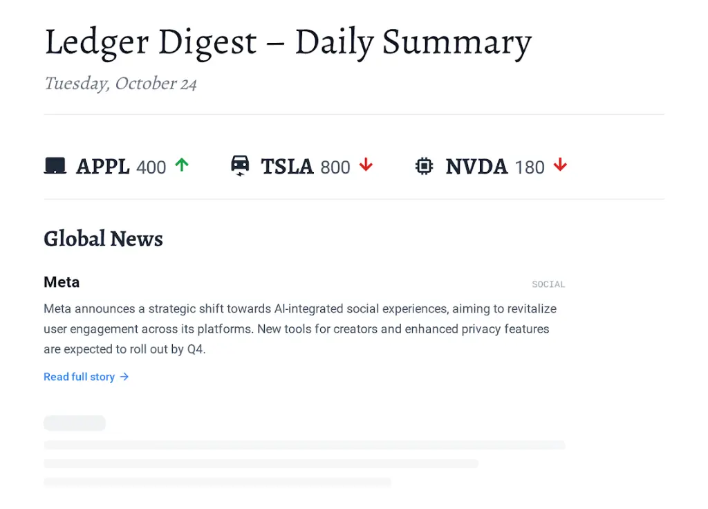 Ledger Digest desktop view — personalized financial news digest with portfolio tracking