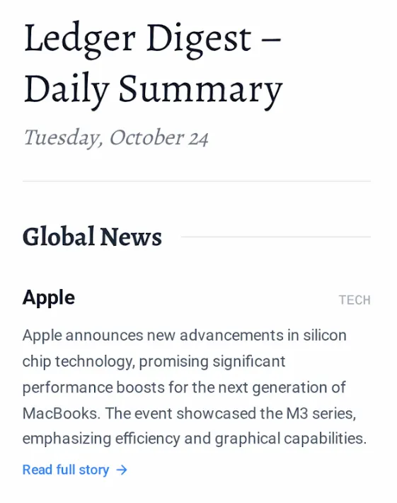 Ledger Digest daily email digest on browser — personalized stock news summary